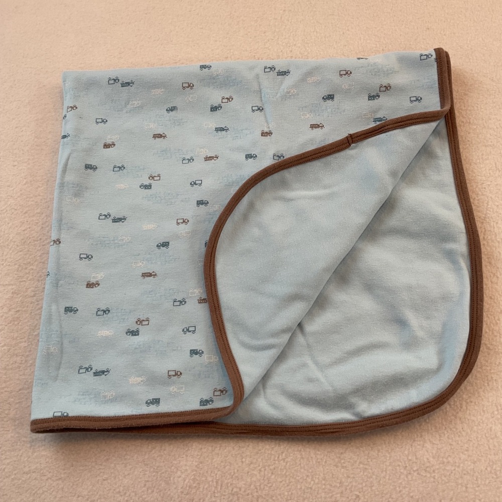 Petit Lem Blue Truck Print Cotton Receiving Blanket Brown Trim 26x28 OS